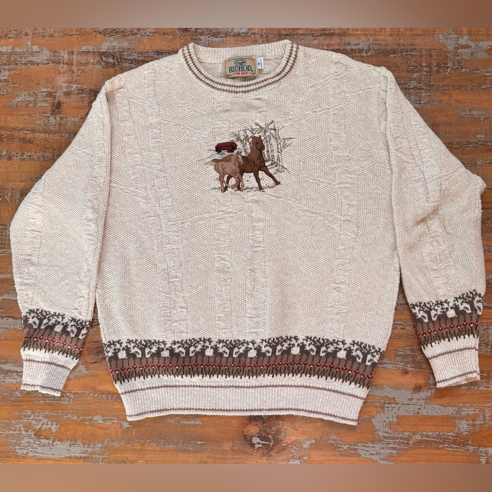 Vintage RedHead cream colored knit crewneck with embroidered deer